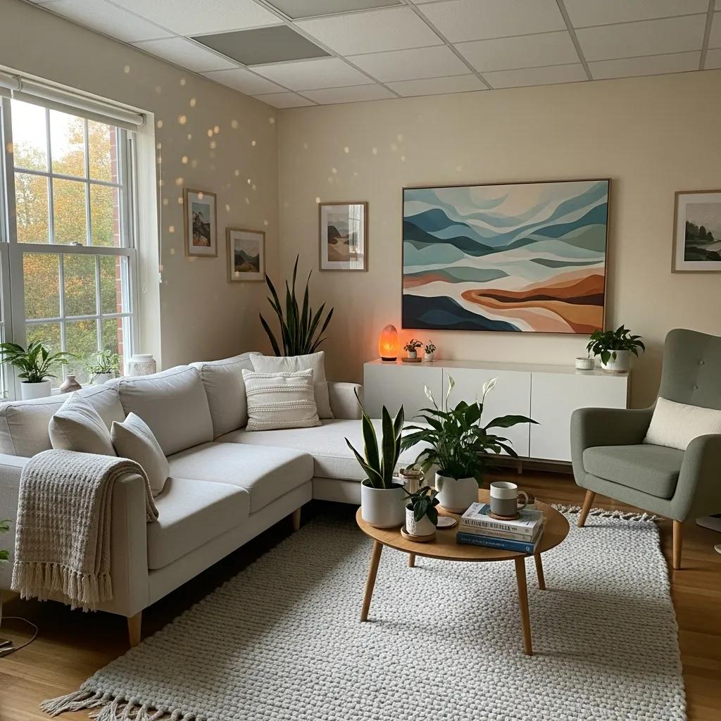 Compassionate therapy room with cozy seating and calming decor